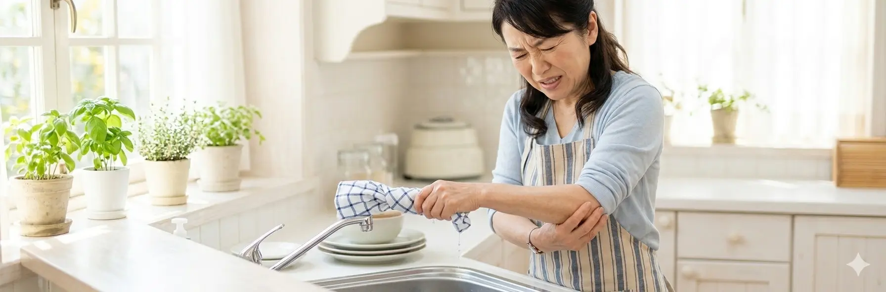 キッチンで雑巾やふきんを絞る動作をしたときに、肘の内側に強い痛みを感じて顔をしかめる日本人女性（ゴルフ肘・内側上顆炎の症状イメージ）