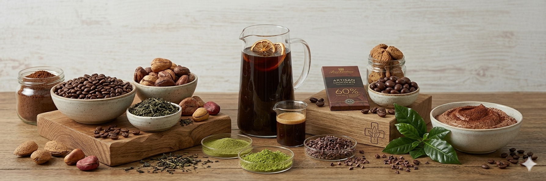 木目調のテーブルに並べられたコーヒー豆、緑茶の茶葉、コールドブリュー、チョコレート、カカオニブなどのカフェイン製品のイメージ画像。カフェイン過敏症やアレルギーの症状・対策を解説するメインビジュアル。
