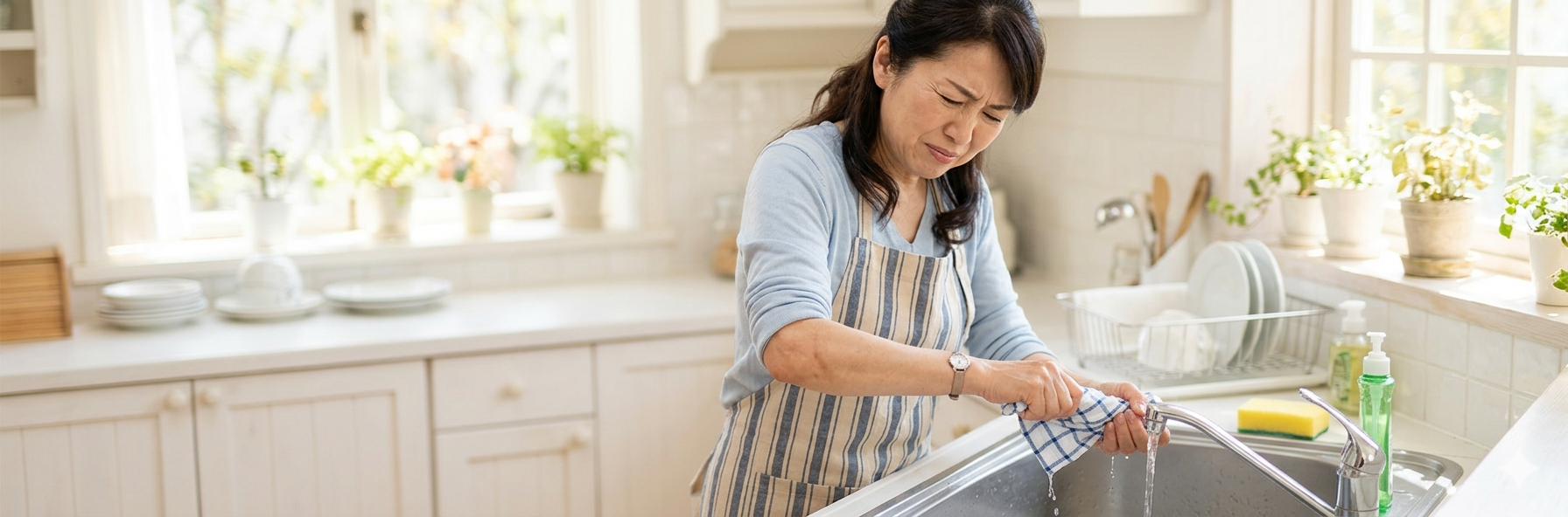 雑巾を絞る動作をしたときに肘の痛みを強く感じる日本人女性（テニス肘の代表的な症状）