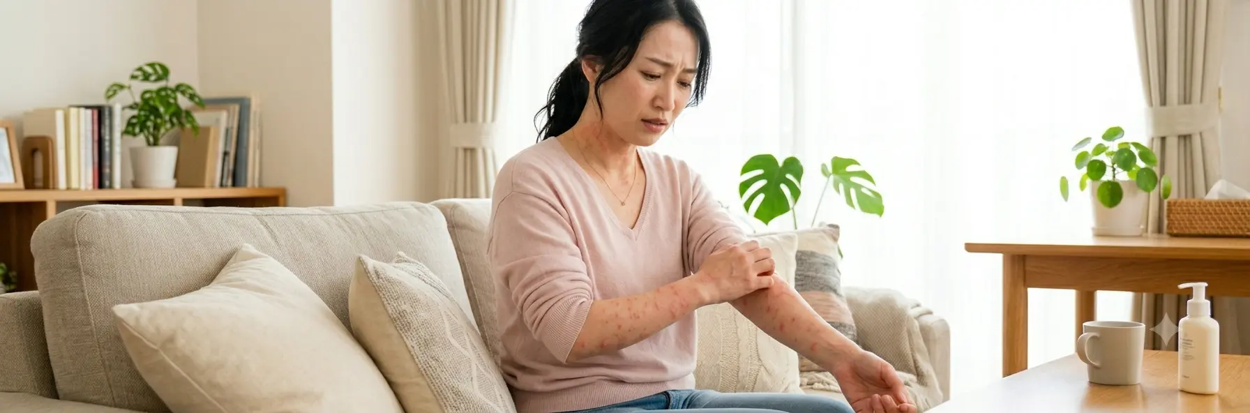 腕にかゆみや赤み（蕁麻疹）の症状が出て、辛そうに肌を掻く女性の様子