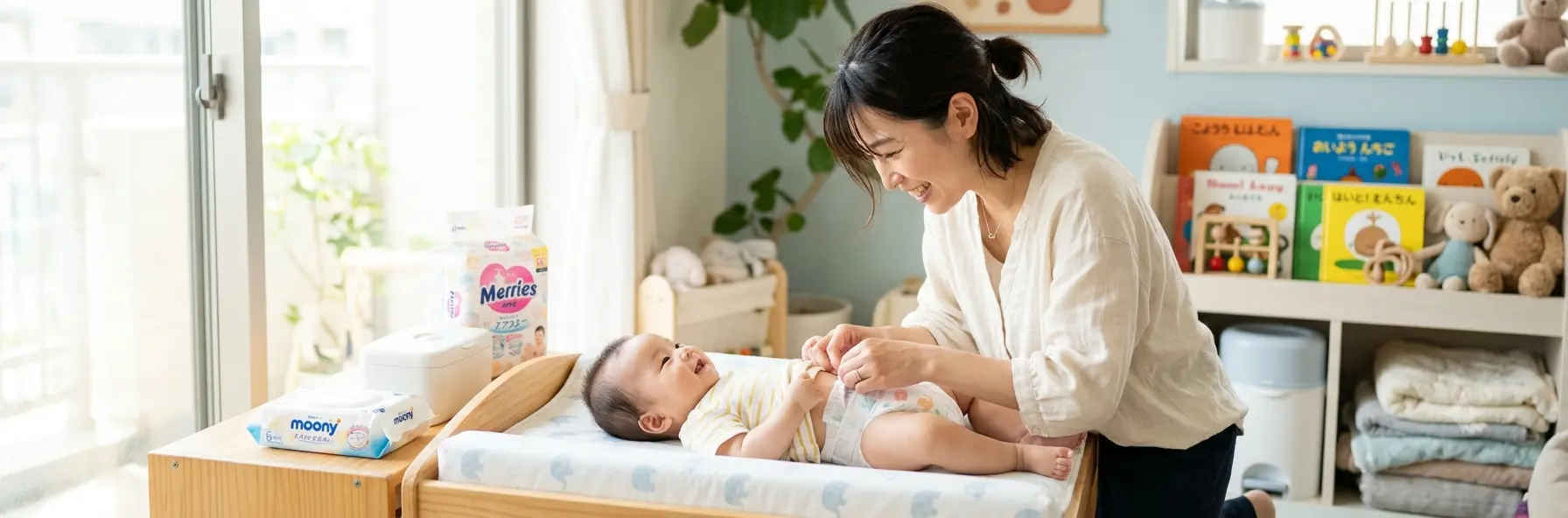 産後、笑顔で赤ちゃんのオムツを替える女性（産後の腰痛ケアのイメージ）