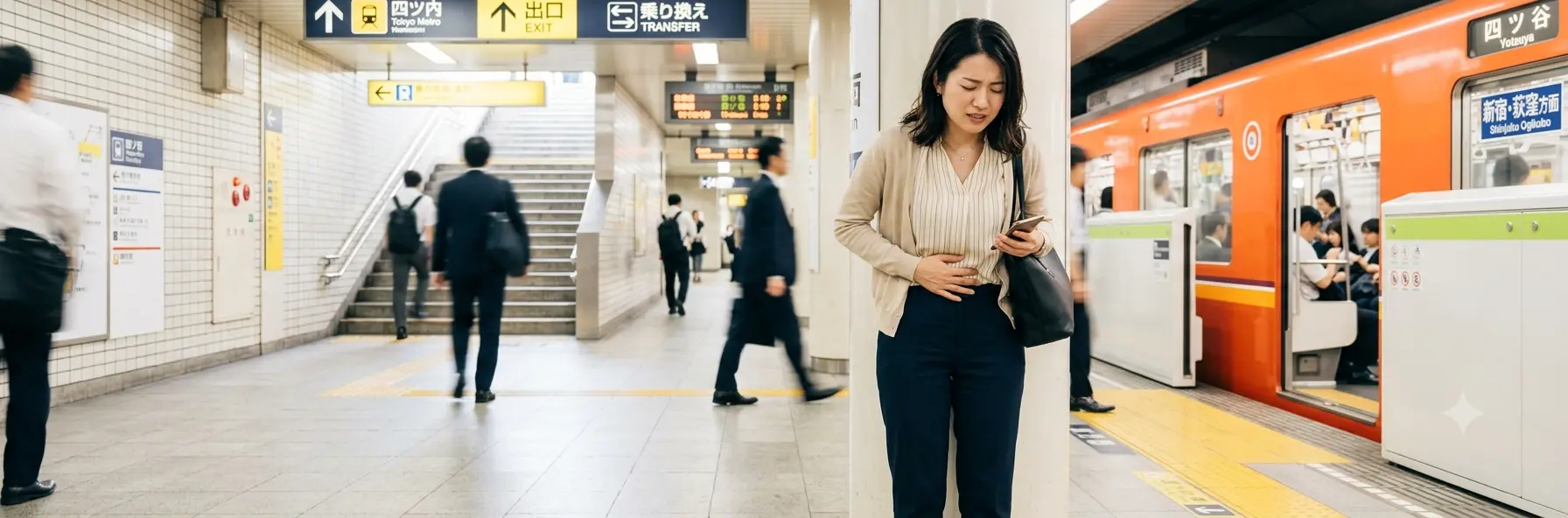 朝の駅のホームで、過敏性腸症候群（IBS）による突然の腹痛に襲われ、お腹を押さえて辛そうに佇む30代の日本人女性のイメージ画像。全体的に明るいトーンの横長ヘッダー向け写真。